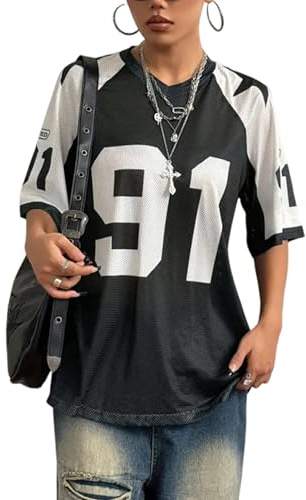 Fronage Jersey Tops for Women UK Oversized Basketball T Shirts Y2K Short Sleeve V Neck Mesh Aesthetic Streetwear Black