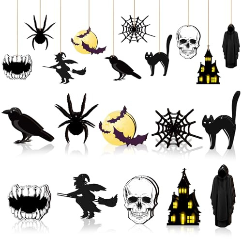 TAXTYHRE 20 Stück Anhänger Halloween Holz, Halloween Baumschmuck, Spinne Skelett Katze Hängend Deko, mit Seil, für Innen Außen Garten Terrasse Zuhause Party Dekoration