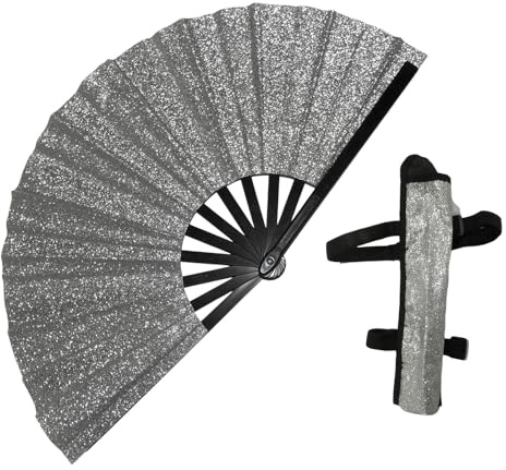 FANSU 2/4/6/8 Pack Large Handheld Folding Fan Laser Rave Folding Hand Fan Holographic Foldable Popping Line Dance Portable Clapper fan with Elastic Band for Women Dancing Laser Rave (Silver,2 pcs)