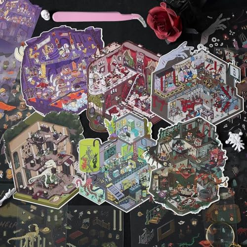Horror Theme DIY 3D Sticker Scene 6 Sets Isometric Miniature Room Stickers Book for Kids Adults Cute Make Your Own House Stickers for Gifts Paint by Sticker