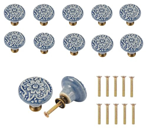 10 Pieces Ceramic Drawer Knobs Set, 34mm Cabinet Pulls with Mounting Screws | Vintage Round Decorative, Furniture Hardware, Easy Installation Ceramic Cupboard Door Knobs for Cabinets, Wardrobes, Blue