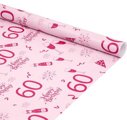 Geschenkpapierrolle zum 60. Geburtstag, 6 m x 43 cm, rosa, ideal zum Verpacken von Geburtstagsgeschenken