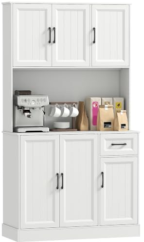 HOMCOM Küchenschrank mit Arbeitsplatte 6 Türen 100 x 39,5 x 180,5 cm Weiß | Buffetschrank, Verstellbaren Regalen, Schublade, Hochschrank Vorratsschrank mit Kabelloch, für Küche Wohnzimmer Esszimmer