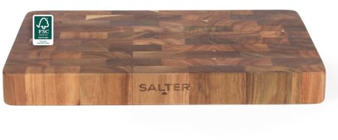 Salter Akazienholz-Schneidebrett, Butcher’s Block, 38 cm | FSC®-Certified Akazienholz, schwerer Standfuß, Griffmulden, nur per Hand waschen, aufrecht trocknen