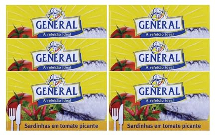 General Sardinen in scharfer Tomatensauce 6 x 120g – Portugiesische Sardina Pilchardus – Pikante Fischkonserve aus Portugal