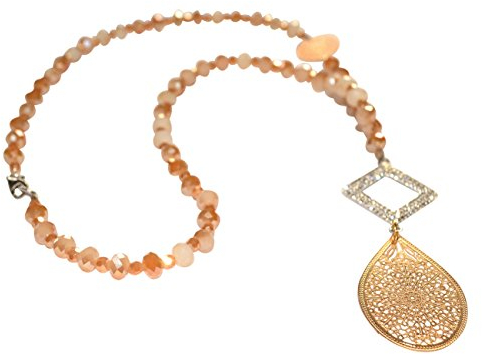 Glamouröse apricot-farbene Glaskette mit Anhänger aus Sterlingsilber und gold-farbenen Ornamenten