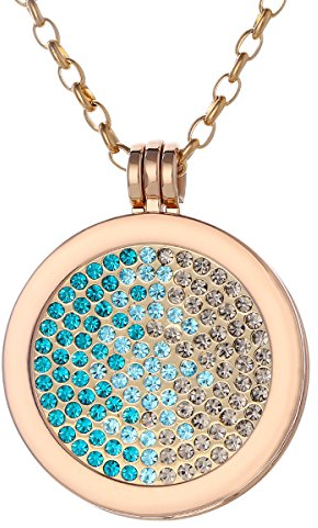 Morella Halskette Damen Gold 70 cm Edelstahl mit Amulett und Coin 33 mm in Schmuckbeutel Zirkoniasteine grün-blau-Silber