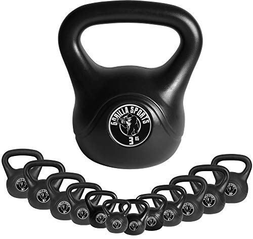 GORILLA SPORTS® Kettlebell - Einzeln/Set, 2kg, 3kg, 4kg, 5kg, 6kg, 8kg, 10kg, 12kg, 14kg, 16kg, 18kg, 20kg Gewichte, mit/ohne Ablage, aus Kunststoff - Kugelhantel, Schwunghantel, Kugelgewicht