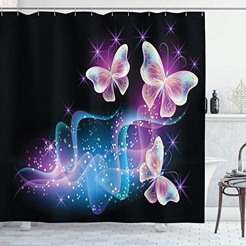 ABAKUHAUS Schmetterling Duschvorhang, Magie Schmetterlinge auf Dunkelheit, Stoffliches Gewebe Badezimmerdekorationsset mit Haken, 175 x 220 cm, Lila Blau