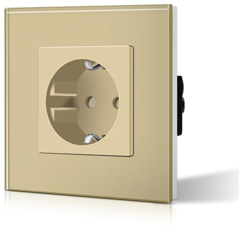 BSEED Schuko Steckdose 1 Fach EU-Standard Einzel Wandsteckdose Kristall Glas Platte 16Amp 250 V Verlängerungssteckdosen 86mm Gold