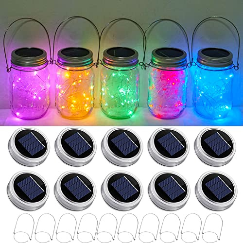 Solar Light for Mason Jars 20 LED Outdoor Fairy String Light Lids with Hangers for Jar Lantern Waterproof Rust Resist for Patio Lawn Garden Decor No Jars 10 Pack (Red, Blue, Green, Purple,Yellow)