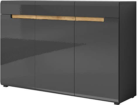 Furniture24 Kommode Hektor - 45, Sideboard mit 3 Türen und 3 Schubladen, Wohnzimmerschrank (Anthrazite/Anthrazite Hochglanz/Appenzeller Fichte)