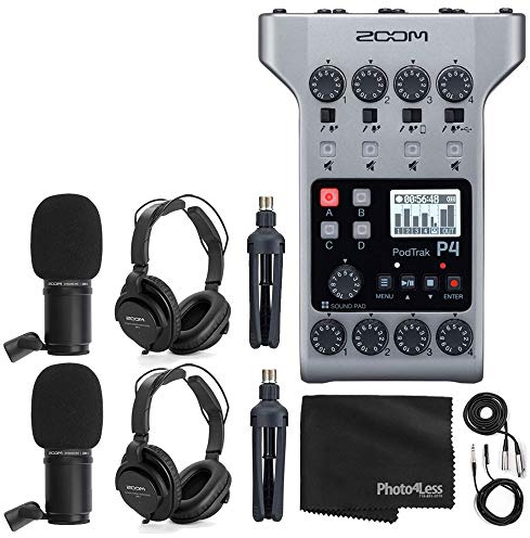 Zoom PodTrak P4 Enregistreur de podcast multipiste portable + 2 micro Zoom M-1 + 2 casques + pare-brises + câbles XLR + 2 supports de table + chiffon – Ensemble de micro podcasting pour 2 personnes