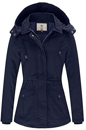 WenVen Women's Multi Pockets Cotton Quilted Winter Anorak Warm Jacket(Navy, L)