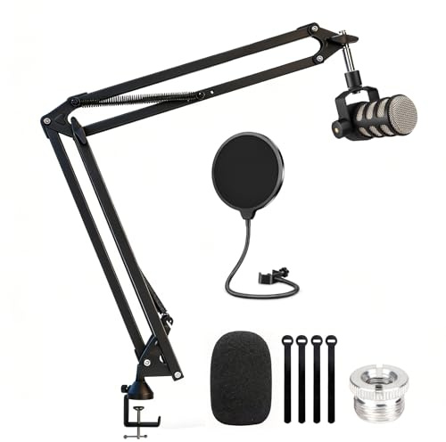 WIBOND Rode Podmic Ständer mit Pop-Filter – verstellbarer Scherenrad, Podmic Boom Arm, Mikrofonständer mit Mikrofonabdeckung, Windschutzscheibe, kompatibel mit Rode Podmic Mircophone