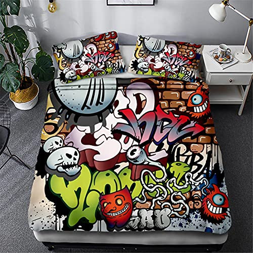Timiany Mikrofaser Bettwäsche Set,Graffiti Mega Coole Bunte Jugendzimmer Bettbezug, NYC Street Art Design Mit Reißverschluss 135x200cm+80x80cm (Graffiti-C,135x200+80x80)