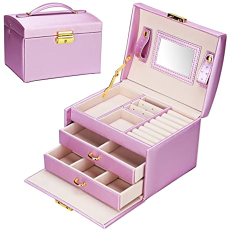 Podazz Women's Jewelry Orgnizer Leather Jewelry Box Case Storage Organizer with Mirror Earring Necklace,Ring Display Christmas Xmas Mother's Day Birthday Gift for Wife Mother Girl (Purple)