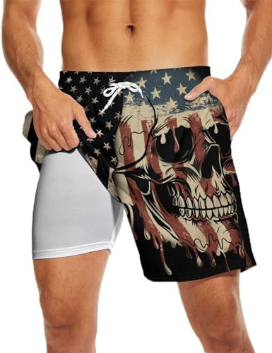 Partrest American Flag Herren Badehose mit Kompressionsfutter USA Flagge Badehose Boardshorts mit Tasche Badeshorts, American Flag Skull, L