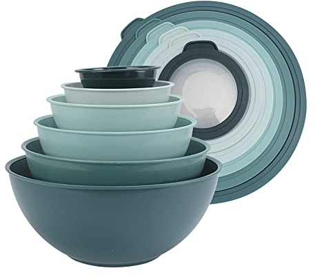COOK WITH COLOR Rührschüsseln mit TPR-Deckeln – 12-teiliges Kunststoff-Schüssel-Set enthält 6 Vorbereitungsschalen und 6 Deckel, mikrowellengeeignetes Rührschüssel-Set (Blaugrün)
