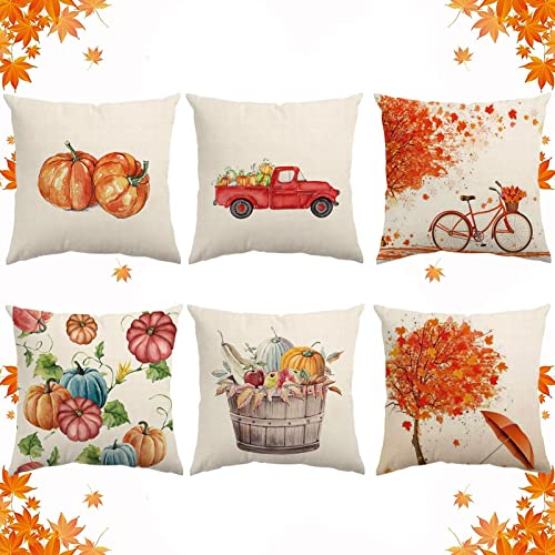 Leeelyan Kissenbezug, für Herbst, 6 Stück, 45 x 45 cm, Ahornblatt, Kürbis, Kissen, Leinen-Kissenbezug, Erntedankfest, Herbst