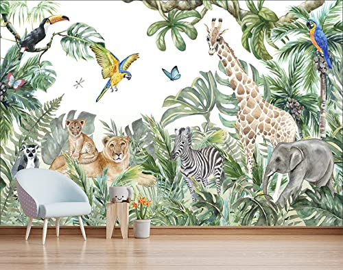 MWSSEGGE Vliestapete, Dschungeltiere, Giraffe, Elefant, Löwe, Poster, Fototapete, für Wohnzimmer, Schlafzimmer, Kinderzimmer, Wanddekoration (300 x 210 cm)