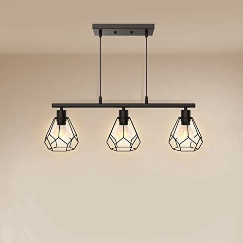 EMKE Industrial Ceiling Light Fixture, 3-Light Vintage Pendant Lamps, E27 Base Modern Island Lights, DIY Adjustable Wires for Hallway, Living Room and Restaurant, Black