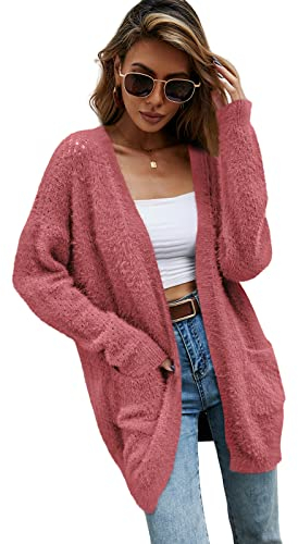 HEYPORK Damen Herbst Winter Warm Bequem Jacke Casual Mode übergangsjacke Mantel Frauen Strickjacke Halblange Jacke(Rosa, L)