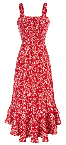 GRACE KARIN Strandkleider Damen Sommer Blumen Bestickt Freizeitkleid Trägerkleid Böhmisch Wickelkleid Sommerkleid S Rot-Weiße Blume
