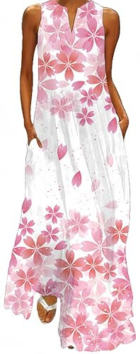 Ocean Plus Robe à Imprimé Floral Vintage à Grand Volant sans Manches à Col en V pour Femmes avec Poches Longues (5XL, Fleurs de Cerisier Rose pâle)
