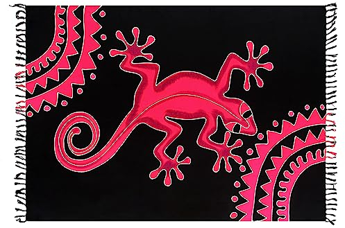 SAIVONA Pareo Sarong Strandtuch Damen-Wickelrock Strand-Handtuch Wickeltuch oder Handtuchkleid und Wickelkleid Damen-Handarbeit aus Fair Trade Herstellung Batik Gecko Schwarz Pink