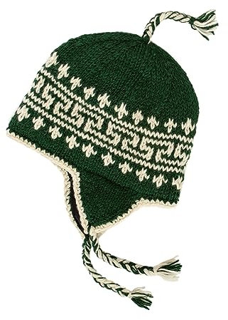 Handgestrickte Sherpa-Wollmütze mit Microfleece-Futter und Ohrenklappen, handgefertigte Wintermütze, Weihnachtsmütze, hergestellt in Nepal, Dunkelgrün und Weiß, L/Einheitsgröße