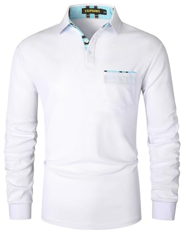 LIUPMWE Poloshirt Herren Langarm Casual Tennis Slim Fit Golf Sports kariertem Kragen T-Shirt,Weiß-09,XL
