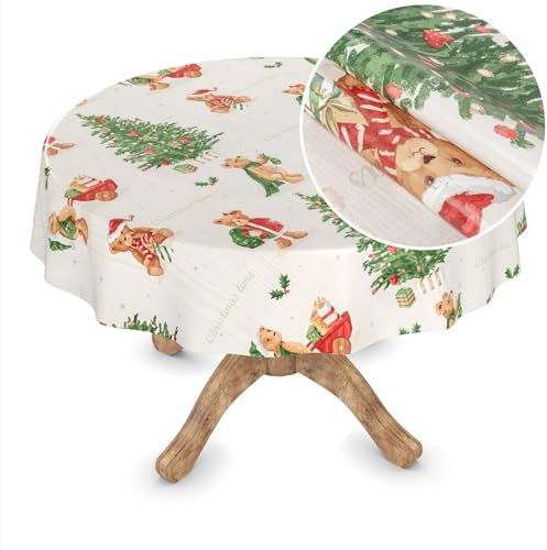 ANRO Wachstuchtischdecke Weihnachts Tischdecke abwaschbar Wachstuch Weihnachten Wachstischdecke Teddybär Rund 140cm