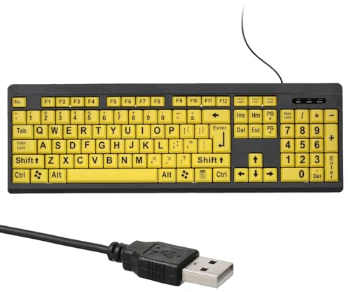HUIOP Teclado para ordenador con impresión grande USB cableada para usuarios con discapacidad visual 104 teclas de alto contraste letras para ancianos,Teclado