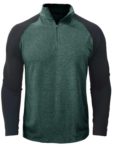 Kuukaas Polo Sport Long Sleeve T-Shirt for Men - UK Gym Top, Quarter Zip Golf Shirt, Outdoor Running Top - Green XXL