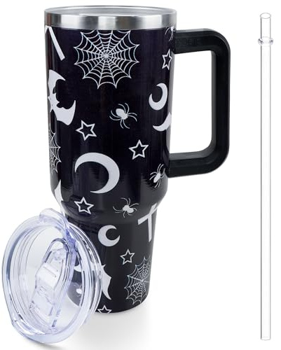 Lumumanber 40 oz Goth Moon Tumbler with Handle and Straw, Black Gothic Travel Mug Water Bottle, Stainless Steel Insulated Cup with Lid and Straw, Birthday Christmas Halloween Gifts