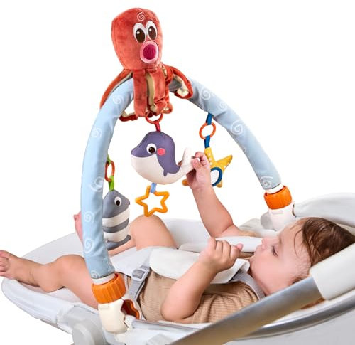 TUMAMA Baby Arch Spielzeug Clip On Kinderbett, Bogen Spielzeug Baby 0 3 6 9 12 Monate, Plüsch Oktopus Spielzeug für Neugeborene,Reise-Spielbogen mit 3 Sensorischen Hängend Weich Spielzeug