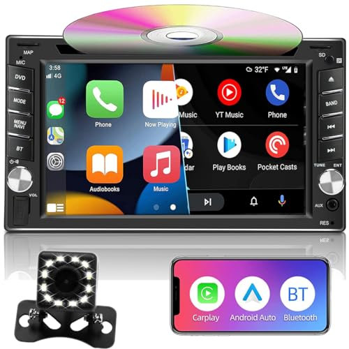 Autoradio Double Din avec lecteur CD/DVD, Apple CarPlay et Android Auto, écran tactile de 6,2 pouces avec caméra de recul AHD, Bluetooth, Mirror Link, SWC, récepteur audio pour voiture RDS/AM/FM