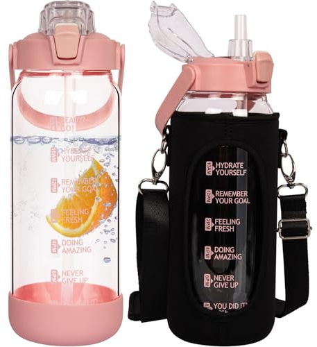 Seekua 2 litre Sport Gourde d'eau Avec Paille et Temps Motivation Marqueur, 2l Grande Bouteille d'eau Verre Avec Sans BPA Pour le Gym Bureau Fitness Camping