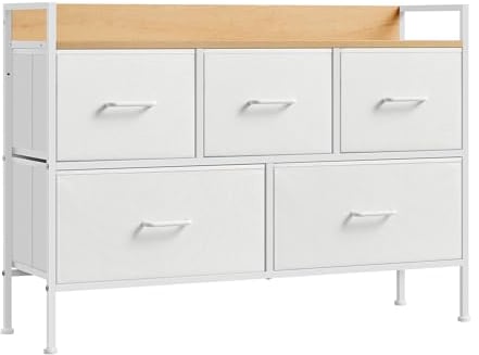 SONGMICS Kommode, Schrank, 5 Stoffschubladen mit Griffen, Metallgestell, Industrie-Design, wolkenweiß-eichenbeige LTS135W01