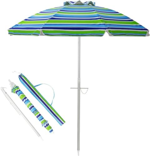 SPOTRAVEL 2M Beach Parasol, Portable Tilting Poolside Umbrella with Carry Bag & Lockable Handle, Outdoor UPF50 + Sun Protection Sunshade Shelter for Patio Pool Backyard (Blue + Green)
