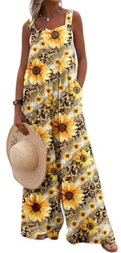 PADOLA Women's Summer Jumpsuit Flowers Printed Dungarees Elegant Loose Wide Leg Pants Bohemian Style Overalls Playsuits for Women UK(2Sunflowers-2,2XL)