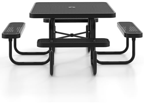 GIANTEX Picknicktisch für 8 Personen, Esstisch aus Metall mit 4 Bänken, quadratischer Tisch mit Sonnenschirmloch, für Terrasse, Garten, Hof, Schwarz