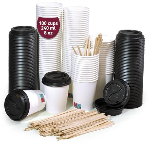 100 gobelets jetables avec couvercles blancs de 240 ml 8 oz, résistants, hermétiques et sans odeurs. Gobelets en carton à emporter pour café, thé ou boissons froides, idéaux au quotidien