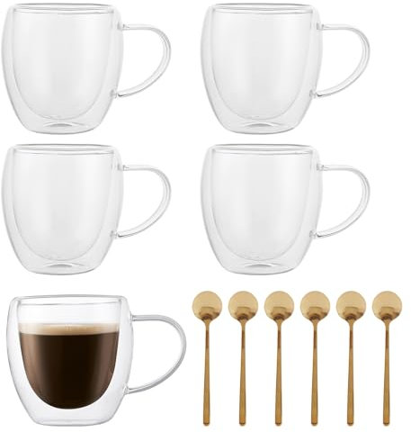 GBACHOOSE 6 Stück Doppelwandige Kaffeegläser, Kaffeetasse mit Griff, 250 ml Doppelwandige Kaffeetassen und Becher aus Glas Für Milchkaffee, Cappuccino, Säfte, Espresso