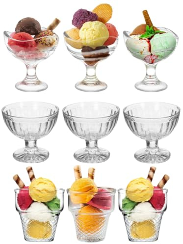 Set da 6 Coppe di Vetro per Gelato - Resistente e Trasparente, in 3 Diversi Design a Scelta, Bicchieri per Macedonia, Dolci, Dessert, Frutta - Ideali per Eventi, Cene, Lavabile in Lavastoviglie