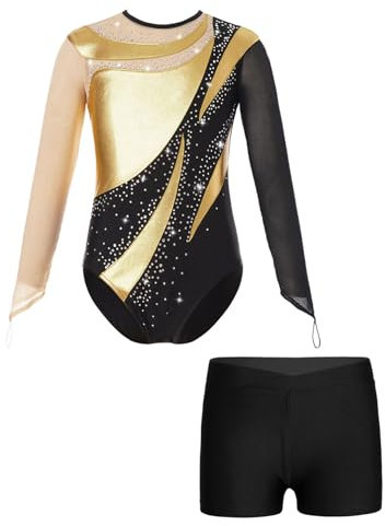 LiiYii Mädchen Turnanzug mit Shorts Langarm Gymnastik Leotard Glitzer Gymnastikanzug Patchwork Ballettanzug Wettbewerb Tanzkostüm Gold&Schwarz 122-128