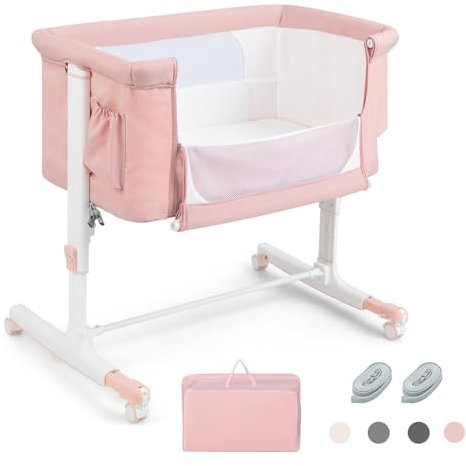 RELAX4LIFE 3 in 1 Culla Neonato Fianco Letto, Lettino a Dondolo con Materasso e Cinghia Fissagio, Regolabile In Altezza 5 Posizioni, Ruote Bloccabili, Tasca Portaoggetti e Borsa (Rosa)