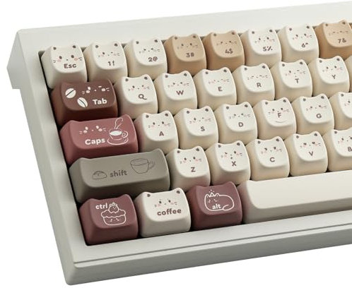 TYRIXKI PBT Keycaps 142 Keys Cute Keycaps Dye-Sublimation Coffee Cat Keycap Mao Profile Custom Keycap for Cherry Gateron MX Swithes Mechanical Gaming Keyboards