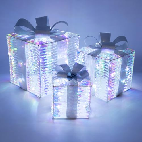 The Christmas Workshop 73899 Light-Up Metal Gift Boxes/Set of 3 Different Sizes/White LED Lights / 6 Hour Timer/Battery Powered